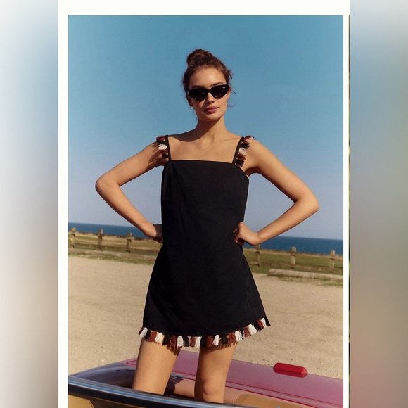 NWT ANTHROPOLOGIE The Hartley Shift Mini Dress black fringe medium $98 - Picture 1 of 6
